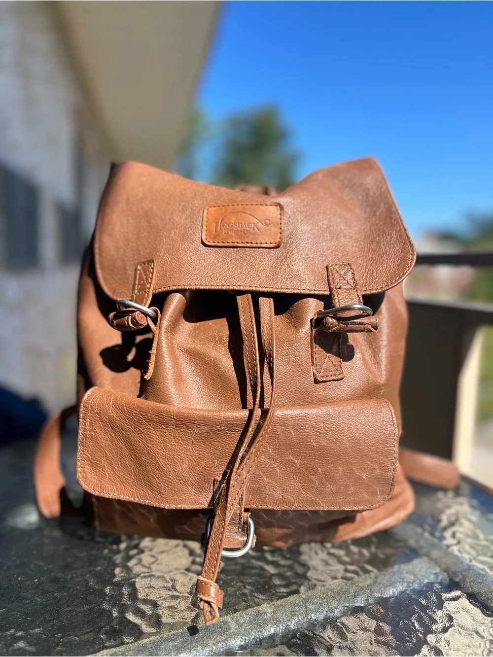 Hogsback Leather Co Brown Leather Drawstring Backpack Buckled Flap Unisex design